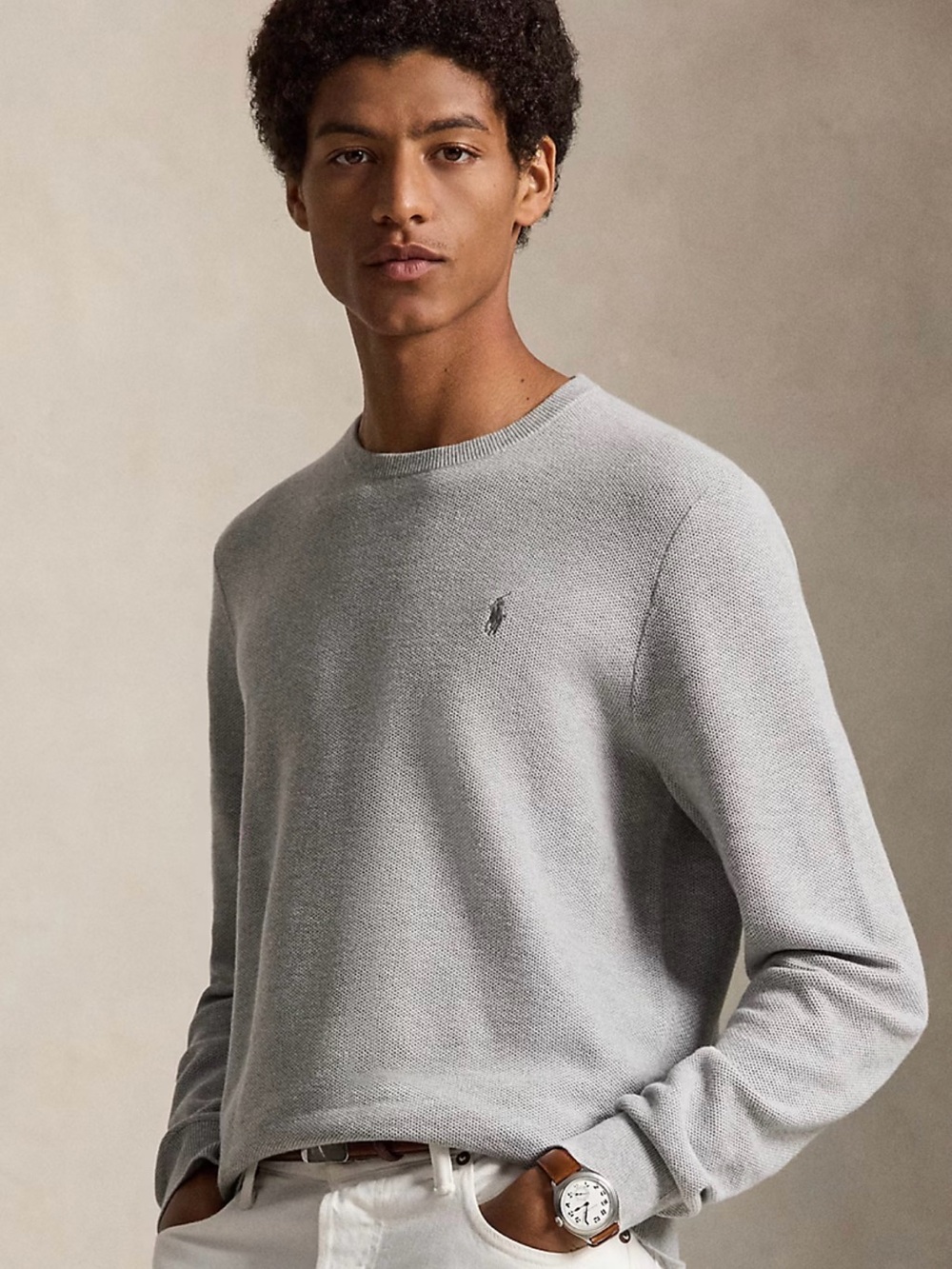 Polo by Ralph Lauren Light Gray Mesh-Knit Cotton Crewneck Sweater